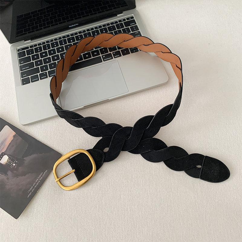 Suede Braided Waist Belt Vintage Gold Oval Buckle Perfect For Dresses Casual Daily Wear Outfits