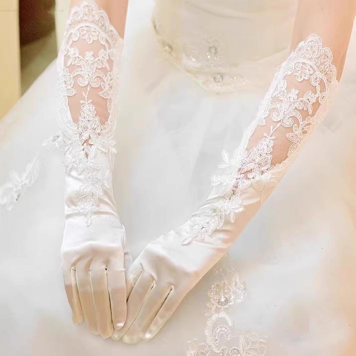 Perlweißes Satin Braut-Fotografie-Handschuhe, Doppelte Reihe Seiden-Hochzeitszubehör