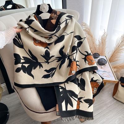 Imitation Kaschmir doppelseitiger weicher Fransen-Schal hochwertiger Blumen-Retro-literarischer warmer Schal