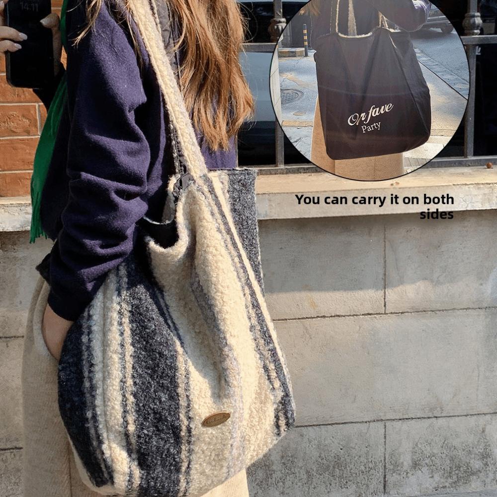 Stylish Double Sided Design Plaid Tote Bag Colorful Thicken Handbag Soft Large Capacity Woolen Tote Bag Daily Use