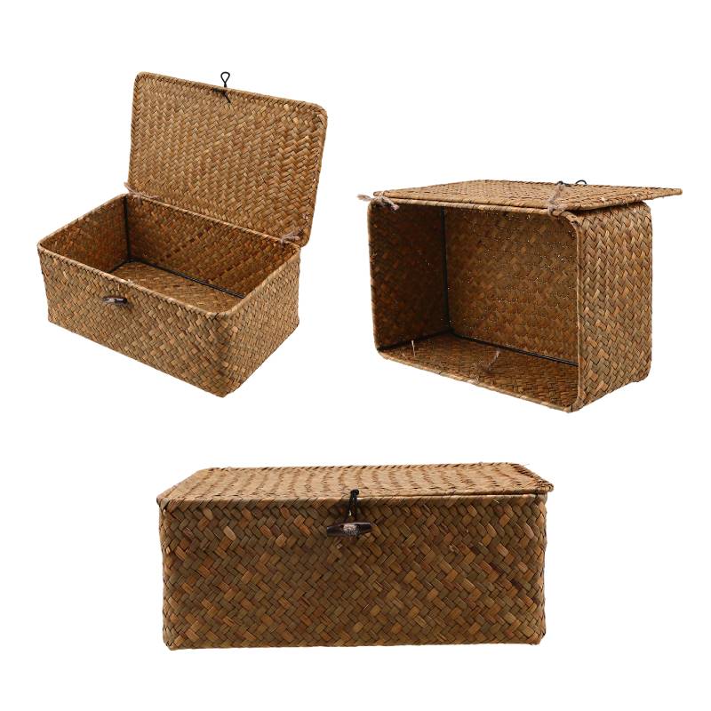 Handcrafted Grass 3pcs Woven Storage Box With Lid Lock Gifts Xmas Hamper Basket