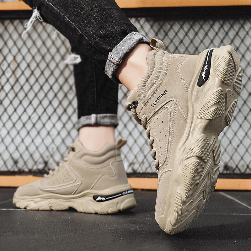 Rhubarb boots men's autumn and winter new fashion Martin boots leather surface breathable heightening men's shoes outdoor non-slip high-top tooling