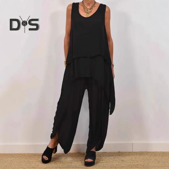 Todelte antrekk for kvinner, avslappet ermeløs uregelmessig topp, sett med vide benbukser, løst loungesett for sommeren