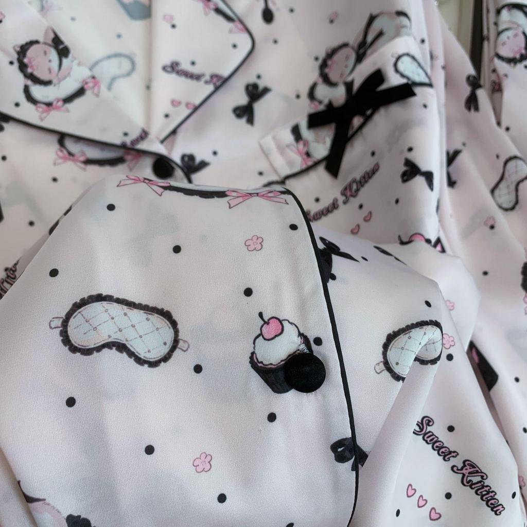 Goodnight Sleepy Cat: Women's Autumn/Winter Ice Silk Pajamas - Cartoon Kitten Print, Long Sleeve & Pants Set