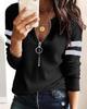 Damenmode, einfarbig, V-Ausschnitt, Reißverschluss, lässig, lange Ärmel, Basic-Top, Bluse in Übergröße