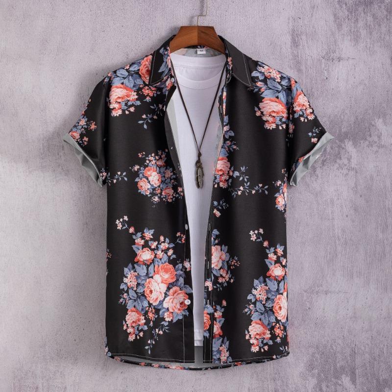 Hawaiian Shirt Men Fashion Flower Geometric Printed Blouse Single-breasted Beach Short SleeveTops Men's Holiday Clothing