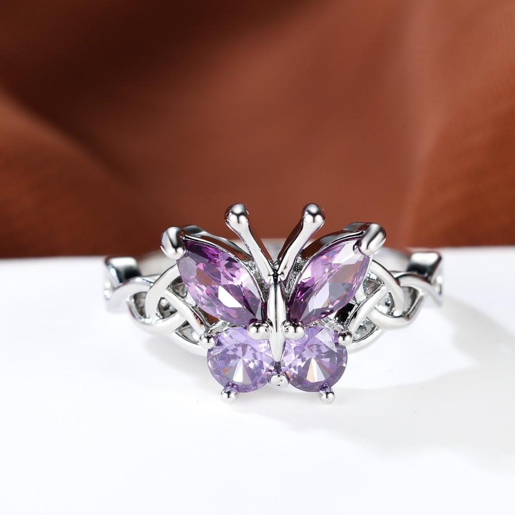 Hollow Out Colored Diamond Butterfly Design Ring Summer Fashion Exquisite Small Fresh Personality Ring