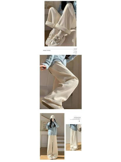 Women's Plus Size Herringbone Fleece-Lined Wide-Leg Pants, M-6XL, Autumn/Winter, High-Waisted, Thick, Casual, Straight
