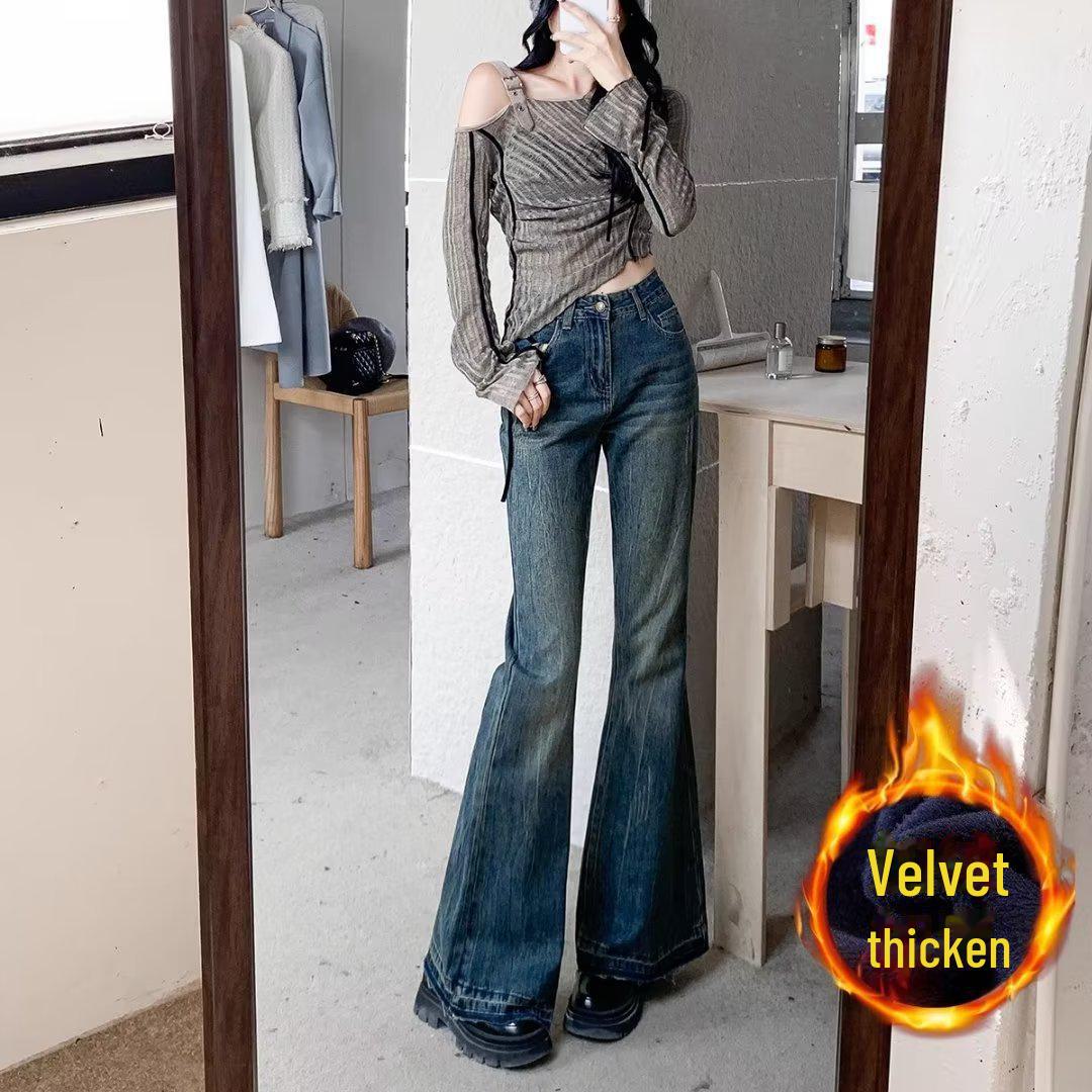 

Женские расклешенные джинсы с высокой талией в стиле ретро с бархатом для осени/зимы 2024 года — американский стиль, широкие облегающие штанины 5XL
