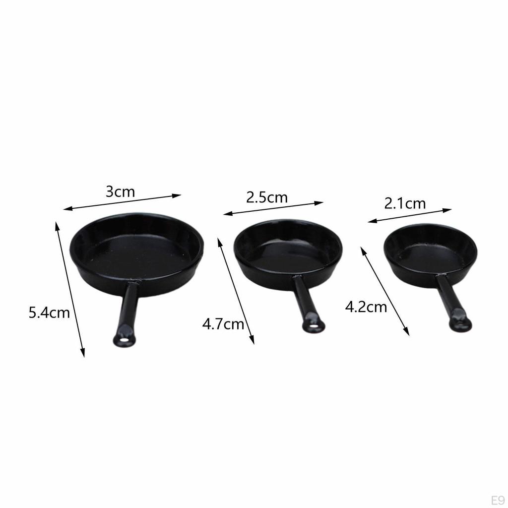 3 Pieces Dollhouse Cookware Set Miniature Metal Frying Pans 1/12 Scale for Kitchen