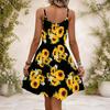 Women Plus Size Black V Neck Sleeveless Spaghetti Strap Gathered Waist Flared Printed Dress