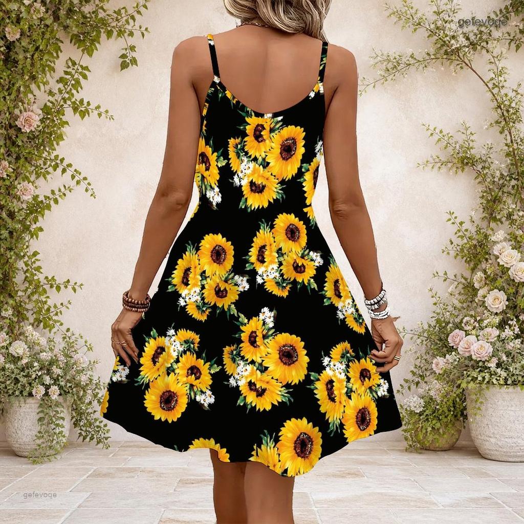 Women Plus Size Black V Neck Sleeveless Spaghetti Strap Gathered Waist Flared Printed Dress