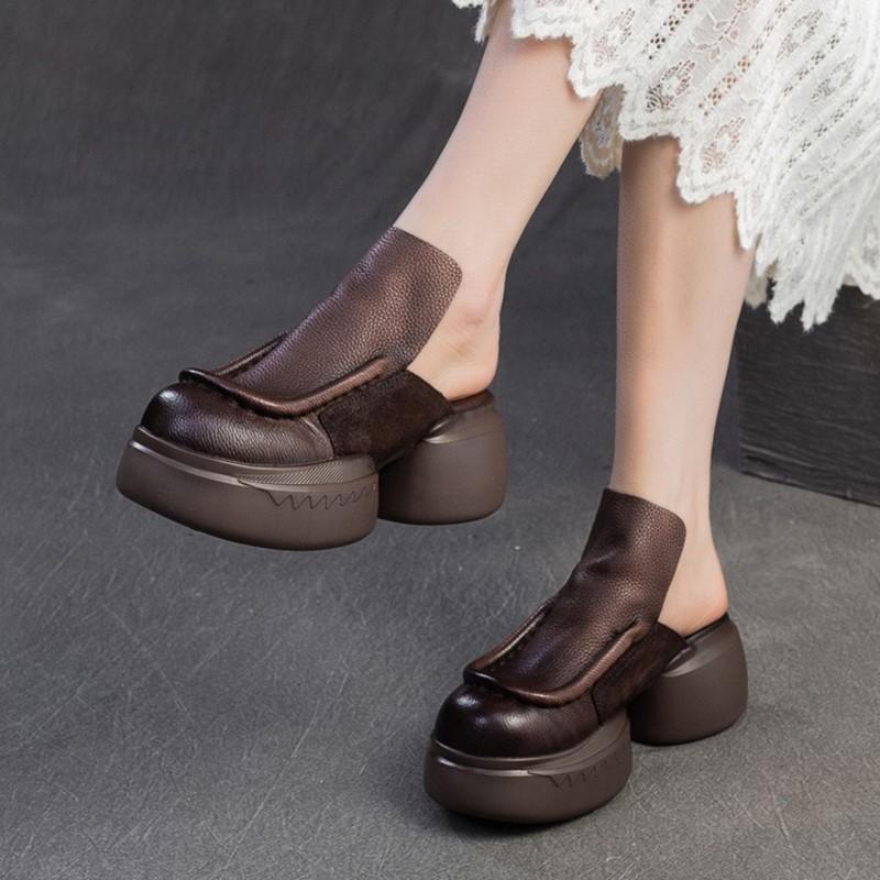 Johnature Roman Style Women's Slip-on Platform Shoes Genuine Leather Retro Round Toe Outdoor Slippers