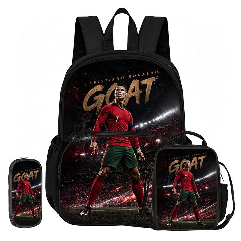 Learn, Travel Football Star School Bag Ronaldo 3 Pcs set with Front Pocket Backpack Lunch bag, Pencil Case, Sport Rucksack