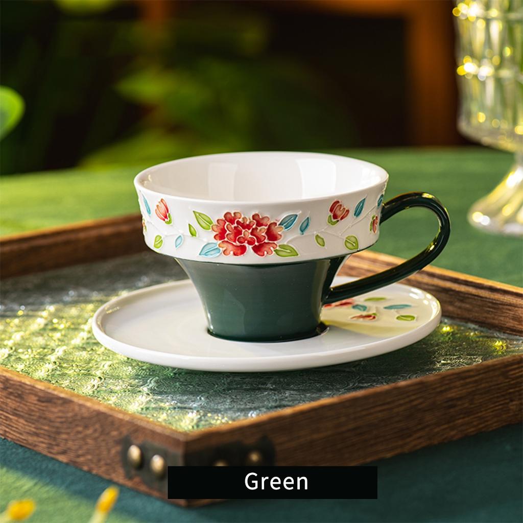 Set, Red/Green Floral Tea Cup and Saucer, Ceramic Coffee Mug and Saucers, Girls' Drinking Cup for Breakfast, Tea Party, Afternoon Tea, Home, Garden