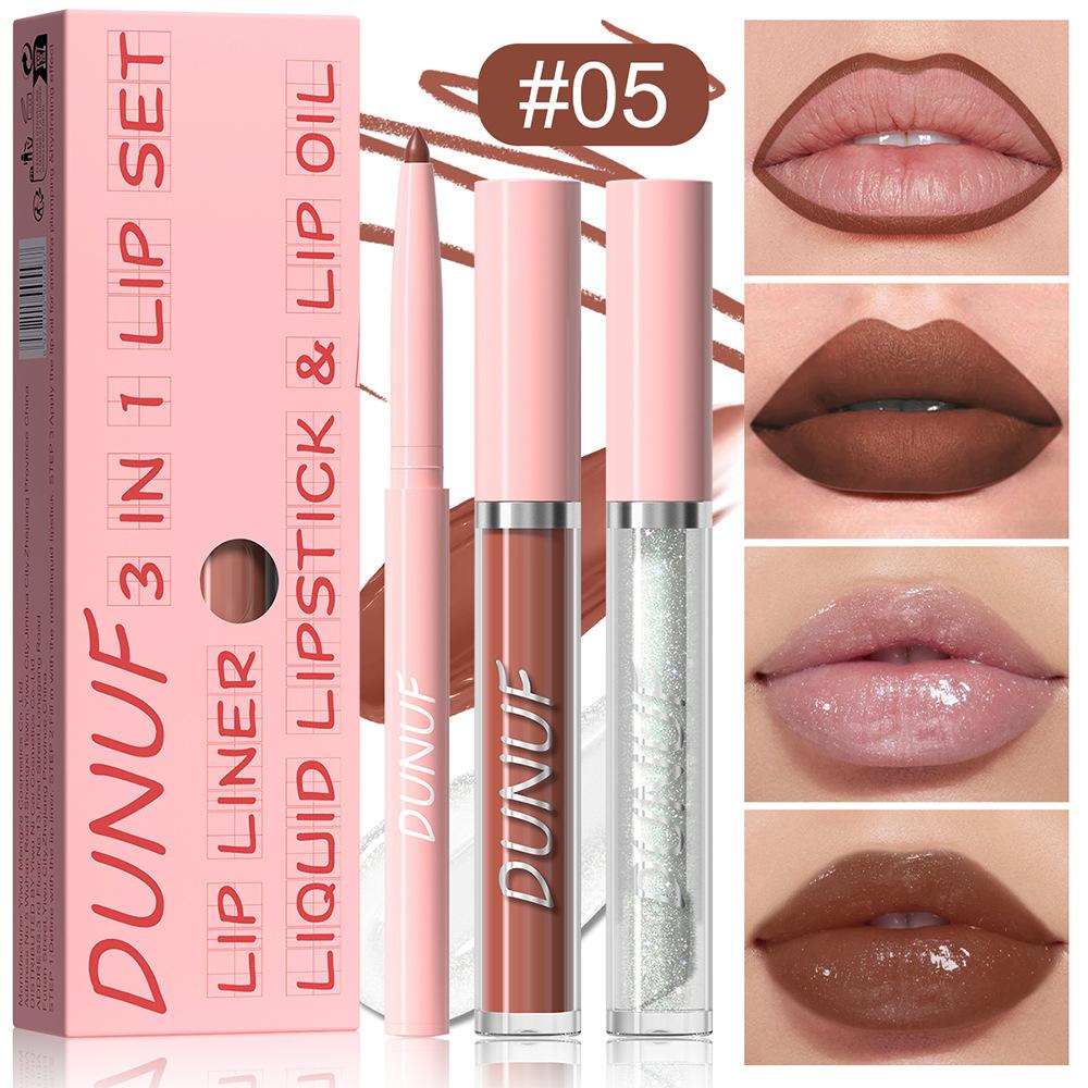 3Pc Velvet Matte Lipstick Pen Nude Brown Lip Liner Pencil Kit Rose Red Matte Lipliner+Lip Gloss+Lip Oil Set Waterproof Lips Tint