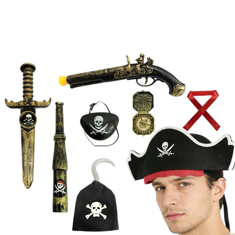 Pirate Captain Costume Set: Halloween Props, Toys & Cosplay Gear with Eye Patch, Hat, Gun, Sword & Hook for Kids and Adults