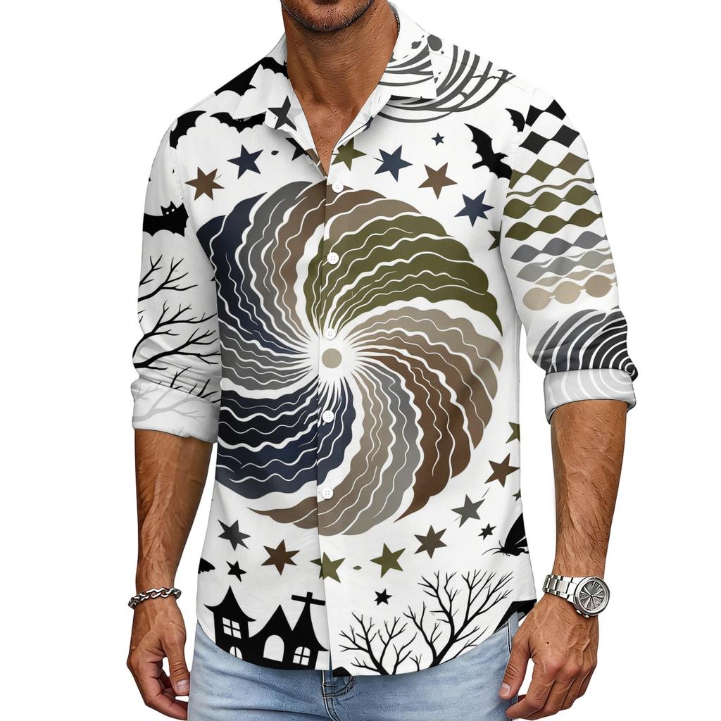Men's Loose Fit Long Sleeve Shirt with Spread Collar Halloween Themed Casual Vintage Style Breathable Fabric Suitable for Outdoor Workwear