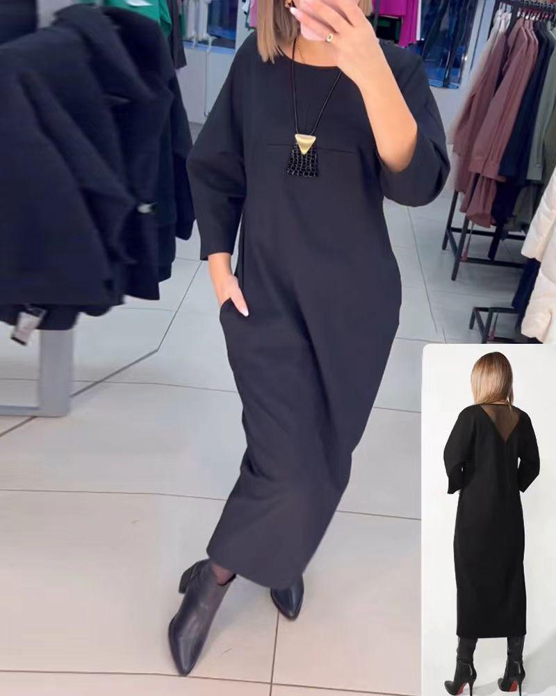 

2023 Autumn/Winter Women s Solid Color Pocket Long-Sleeve Round Neck Dress XL