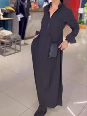 2023 Women's Casual V-Neck Solid Color Long-Sleeved Dress for Autumn and Winter