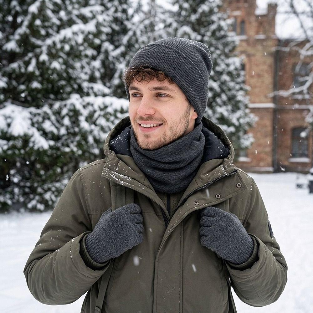 3Pcs/Set Windproof Knit Beanie Snood Set Thicken Scarf Neck Warmer for Men Women
