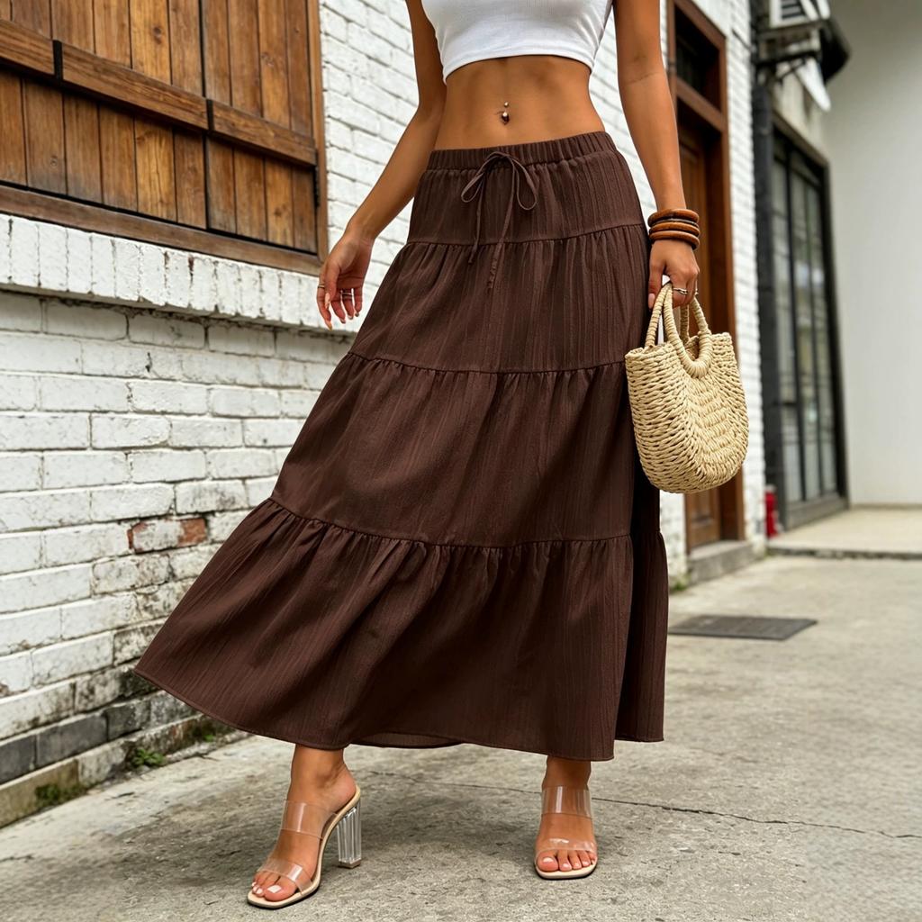 Women's High Waist A Line Maxi Skirt Loose Fit Casual Solid Color Long Boho Skirt