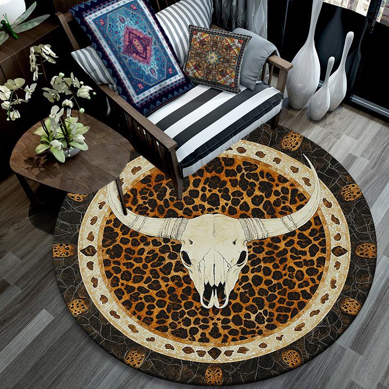 Leopard Print Bull Skull Round Area Rug,Carpet Rug for Living Room Bedroom Sofa Playroom Decor,Non-slip Floor Mat