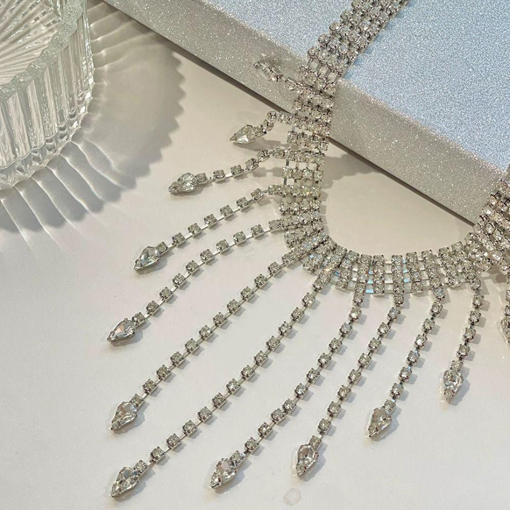 Geometric Full Rhinestone Necklaces Korean Style Wedding Bride Jewelry Tassel Necklaces  Wedding