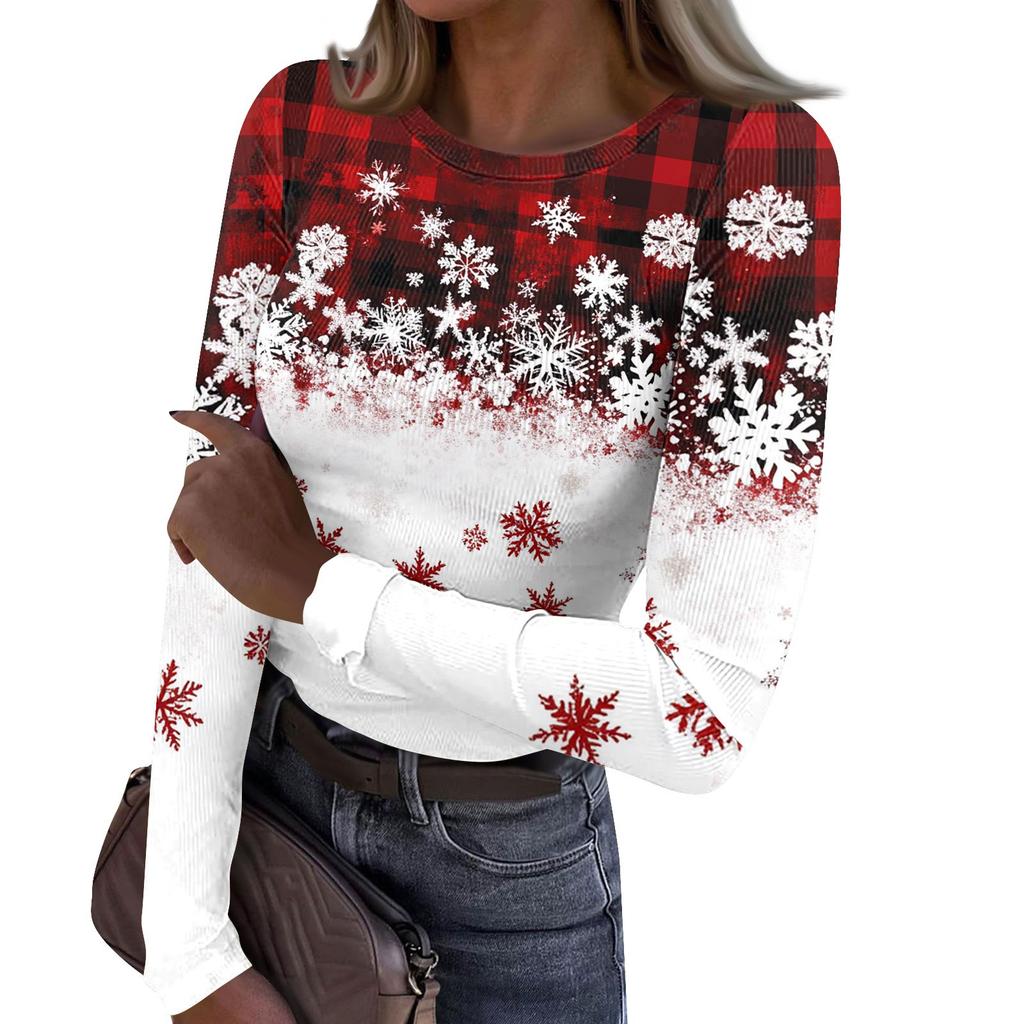 Women's  And Winter Slim Bottom T-shirt Fashion Casual Christmas Printed Round Neck Pullover Long Sleeve Top
