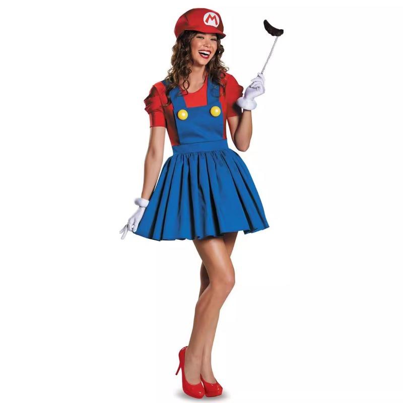 Halloween Kostüm Damen Erwachsene Maria Kleid, Mario Kleid Damen Trägerrock Bühnenkleid