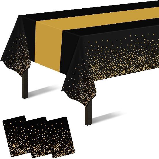 Childom 3 Pack Black and Gold Tablecloths for Events,54"x108" Plastic Table Cloths for Rectangle Tables,Disposable Party Table Covers for New Years