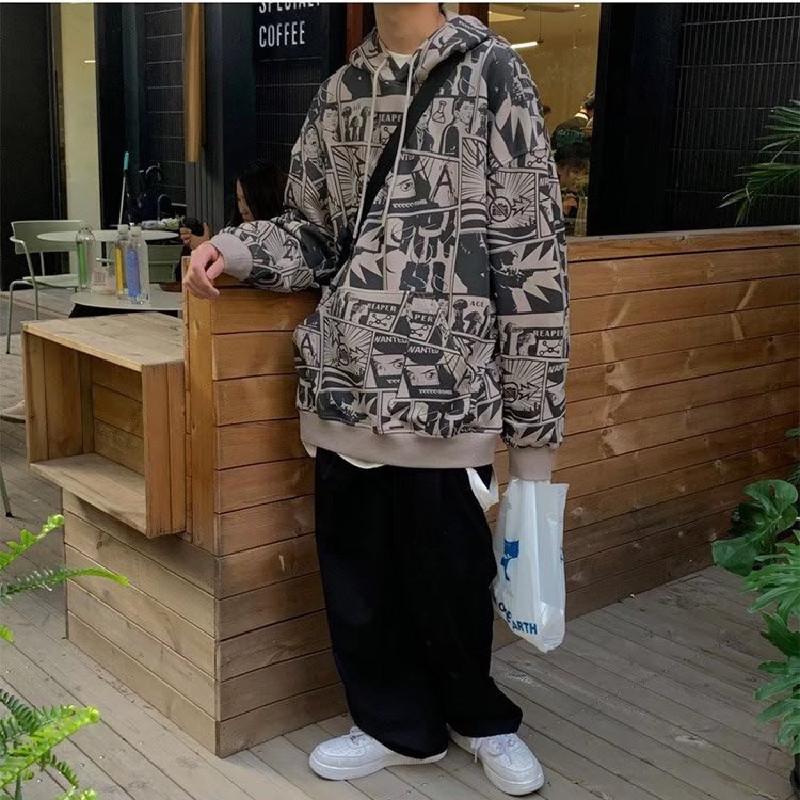 Spring and Autumn Men's Hooded Sweater Cartoon Print Hooded Loose Jacket