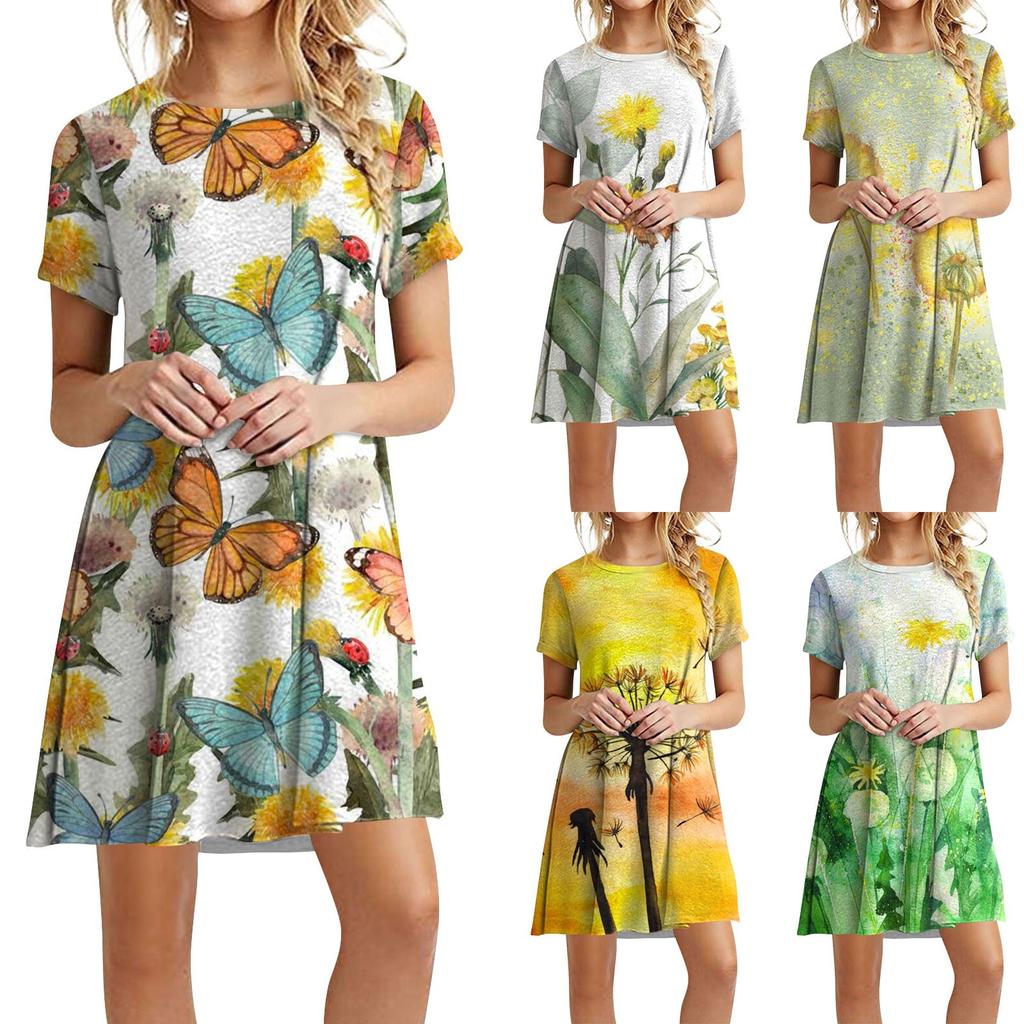 Women's Summer Sunflower Print Loose Crewneck Short-sleeved Dress