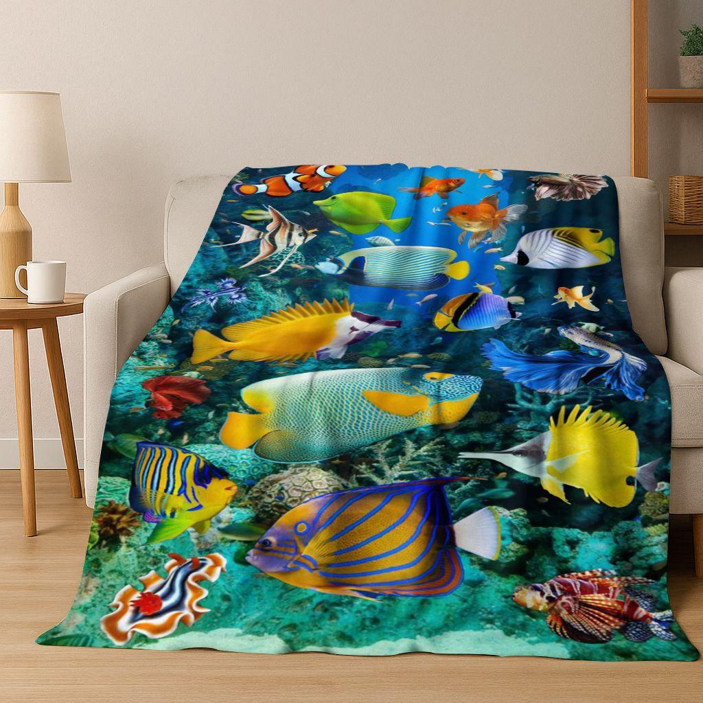 Dream Underwater World Sea Dolphin Turtle Coral Art Flannel Blanket,Cozy Soft Throw Blanket for Home Bedroom Bed Sofa Gift Kids