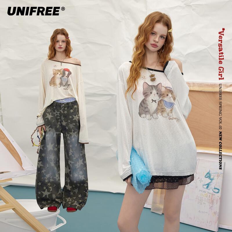 UNIFREE Off-Shoulder Pet Print Loose T-Shirt M