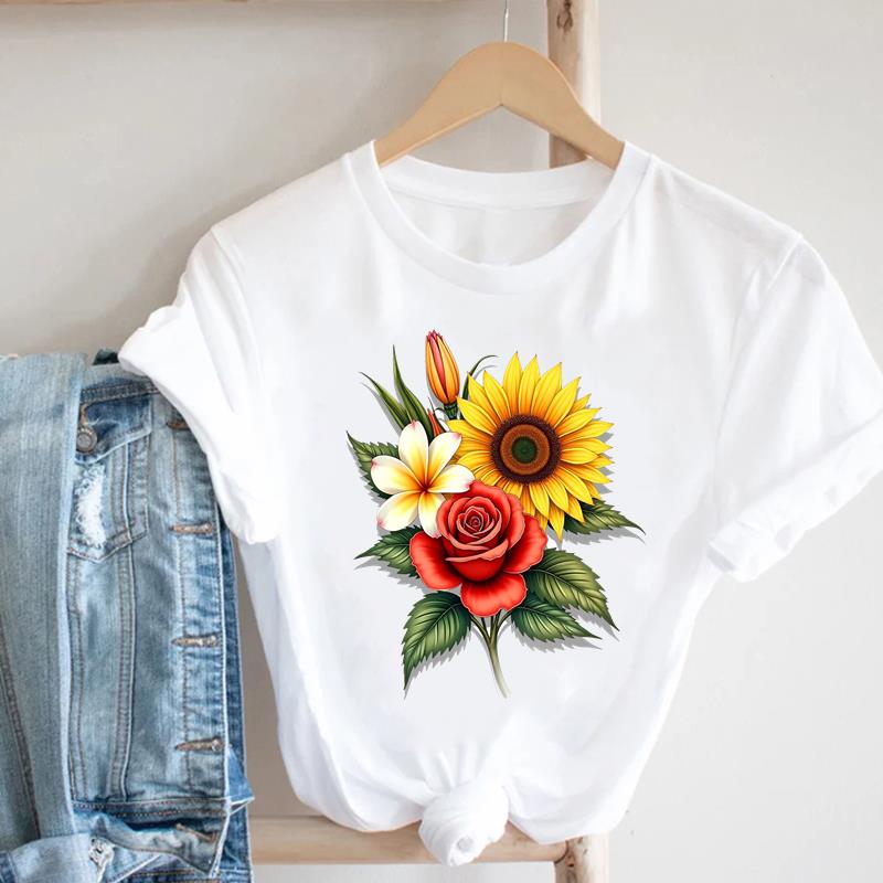 (Азиатский размер) Футболка Мода Женская милый цветок тренд милая Одежда Повседневный Топ Короткий рукав Футболка Принт Леди Женская Графические футболки
