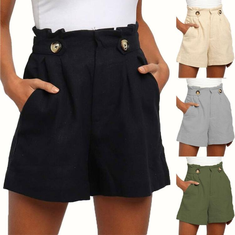 Womens Summer Plain High Waist Buttons 