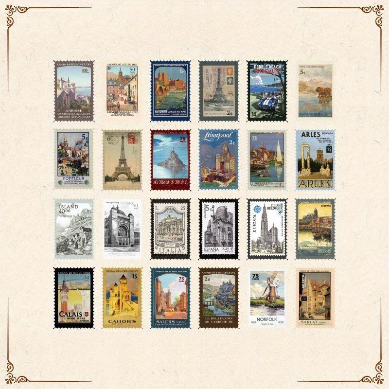 1pack/48pcs Stamps Stickers Retro Literary Decoration Material Diy Handbook Card Collage Landscaping Stickers Self-adhesive Sealing Stickers