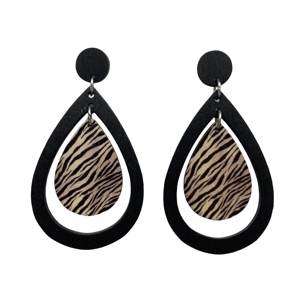 Cross Wood Raindrop Zebra Stripe Long Dangle Earrings