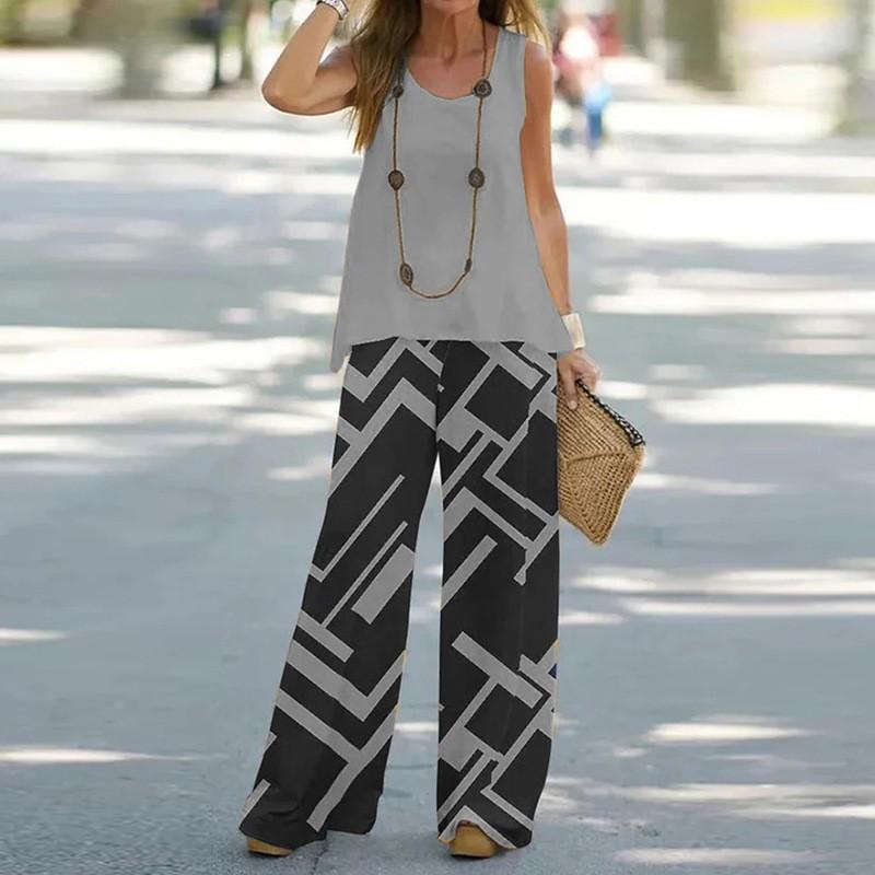 Temu spring and summer new European and American fashion women's clothing abstract printing sleeveless vest wide-leg pants set