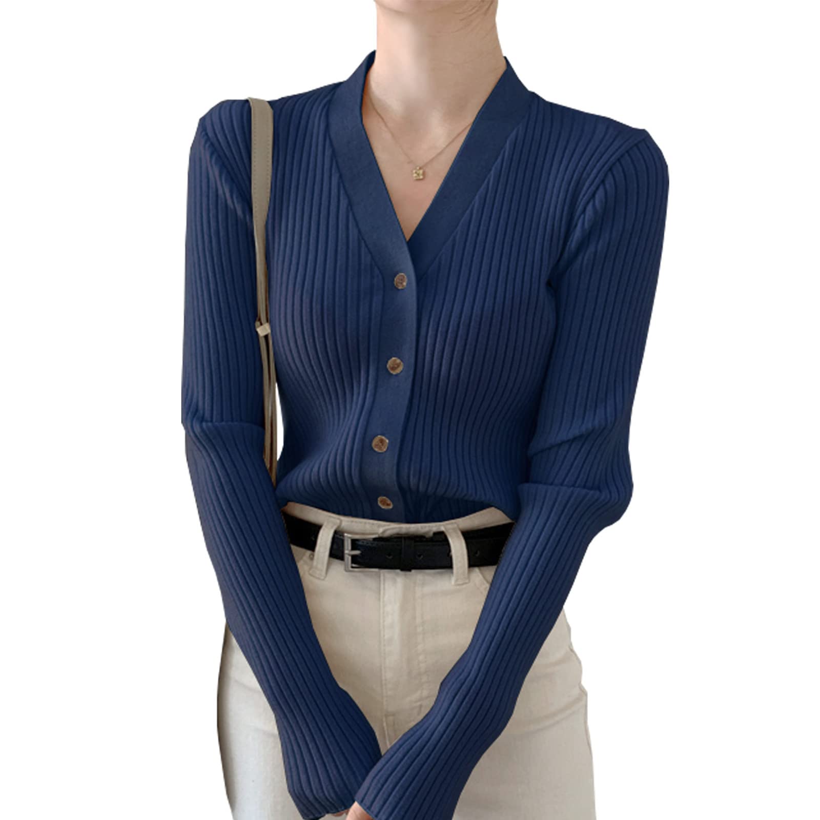 

Wowcarbazole Ribbed Knit Long Solid Stylish Perfect for Fall and Commuting Women s V-Neck Sweater, Sleeve, Ribbed, Color, Thin, V-Neck Cardigan,