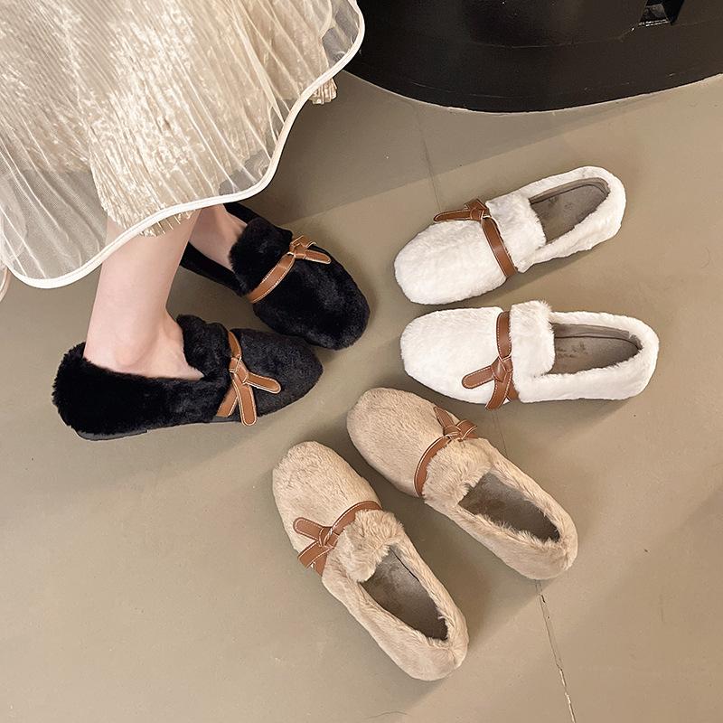 Thick-soled heightening fleece round-headed fluffy shoes for women to wear in autumn and winter, gentle Internet celebrities pedal beanie shoes in w