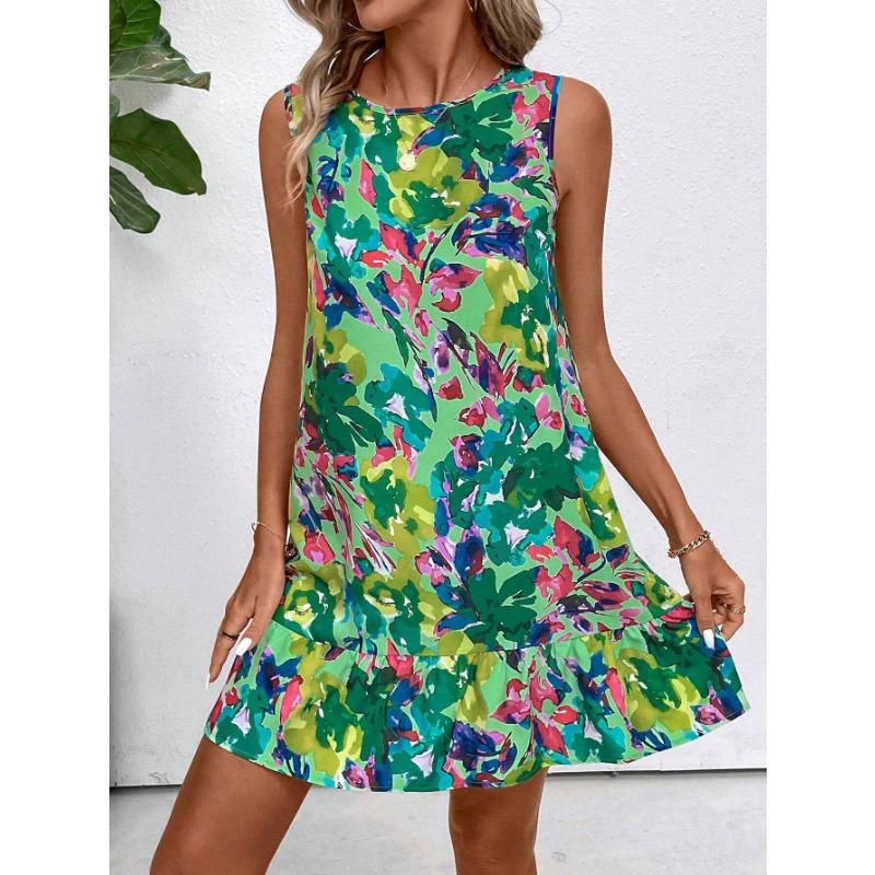 

Летнее элегантное женское платье без рукавов с цветочным принтом и оборками XXL зелёный