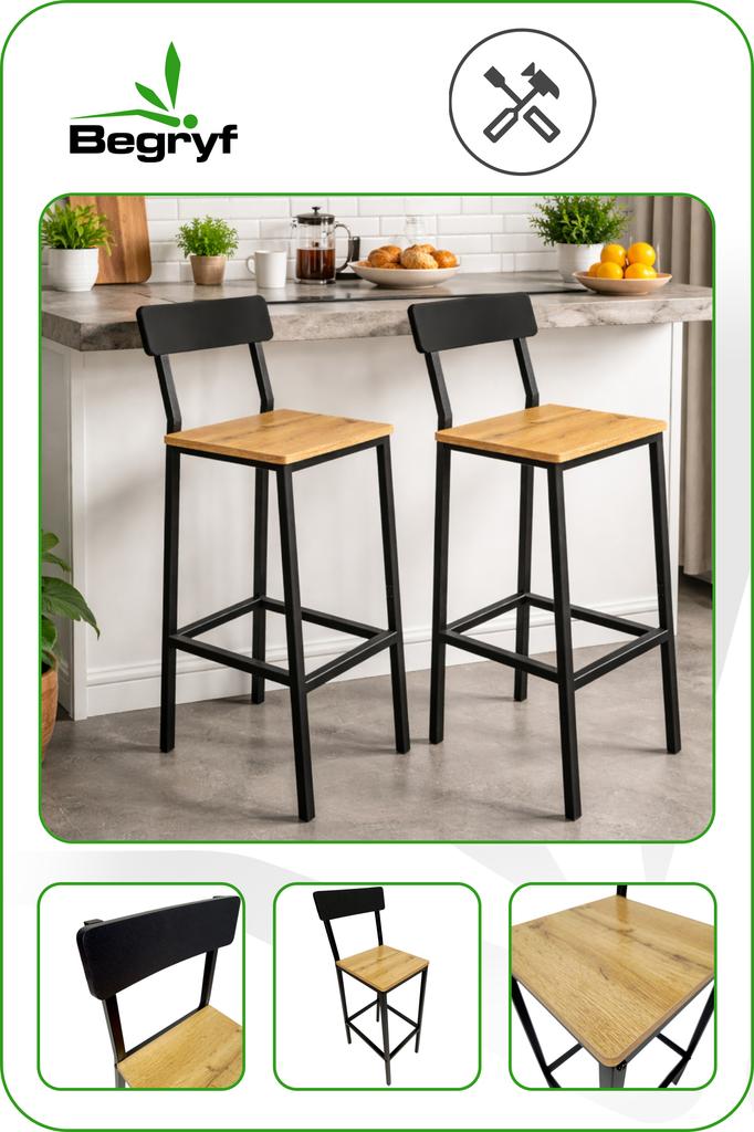 Hokery Barowe 2 Szt Z Oparciem Taboret Zestaw Loft Dąb 30X40X90 | Begryf