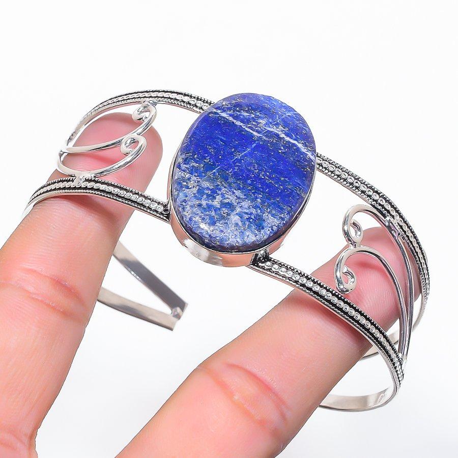 Natural Lapis Lazuli Gemstone 925 Sterling Silver Cuff Bangle Adjustable Z8H05