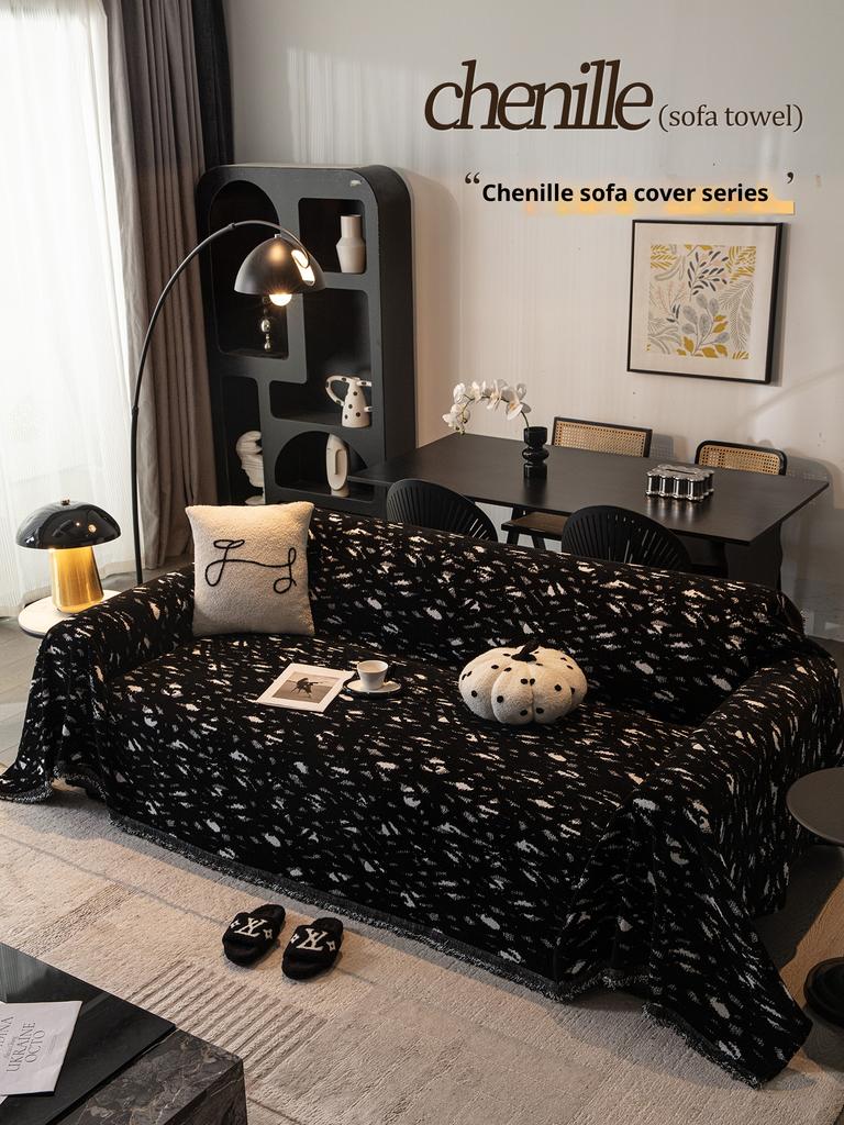 For L Shape and Loveseat Universal Black Sofa Cover Thick Chenille Full Coverage Cat Resistant