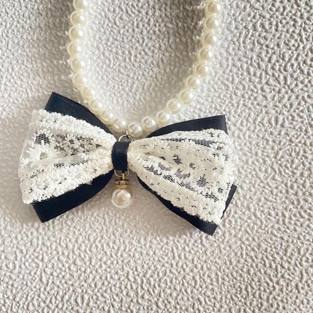 INS Princess Style Bow Ribbon Pet Pearl Necklace Sweet Temperament Cat Dog Collar Neck Ornament Neck