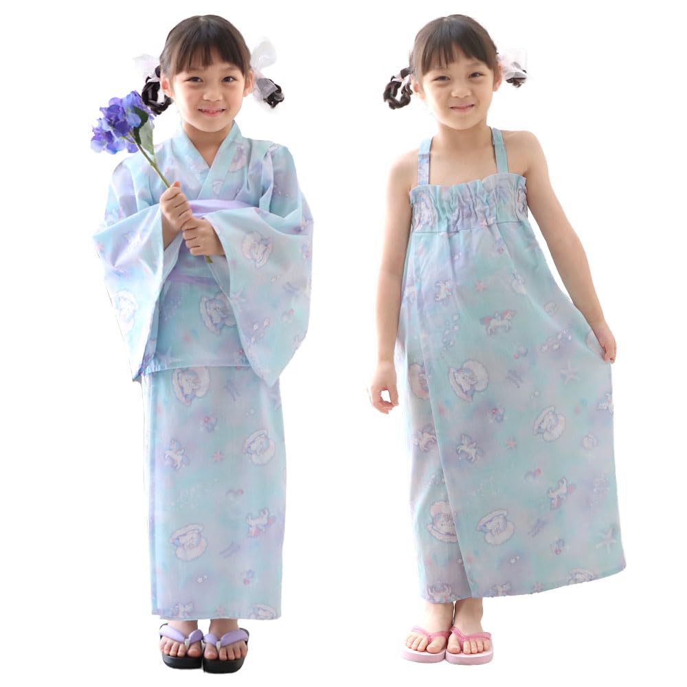 

Юката раздельная включает детскую юкату [Mother Garden] для девочек, платье, 2-стороннюю, 130 см, набор из 4 предметов, оби, светло-синий