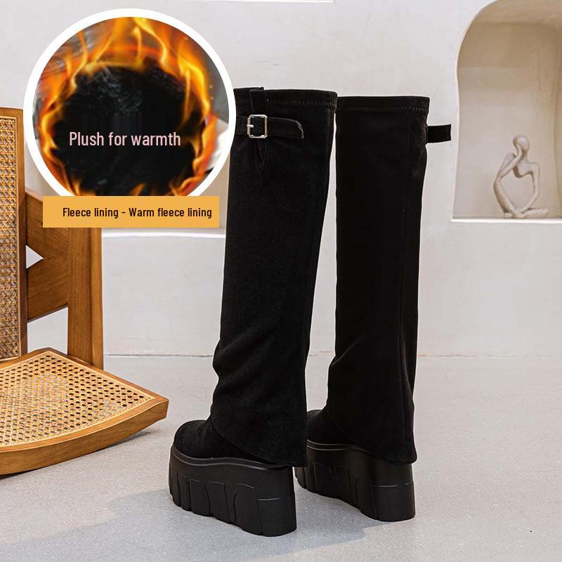 Botas Femininas de Cano Alto com Sola Grossa de 14cm - Outono/Inverno 2025 Plissado Irregular Cor Sólida