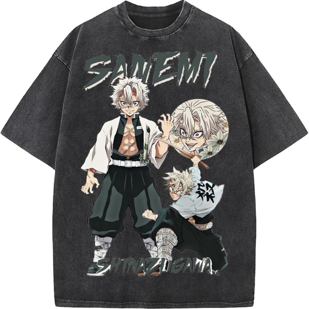 

Anime Demon Slayer Shinazugawa Sanemi Printing T-shirt Men Vintage Washed Tshirts Casual Cotton T Shirt Tops S